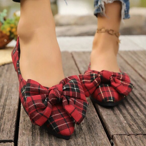 Red Casual Women's Flat Slip-On Shoes with Plaid Bow Floral Loafers - Picture 3 of 6